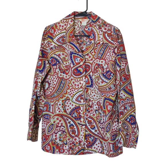 Vintage Tops - Vtg 70s Barrymore Wing Collar Paisley Textured Polyester Disco Blouse Large Boho